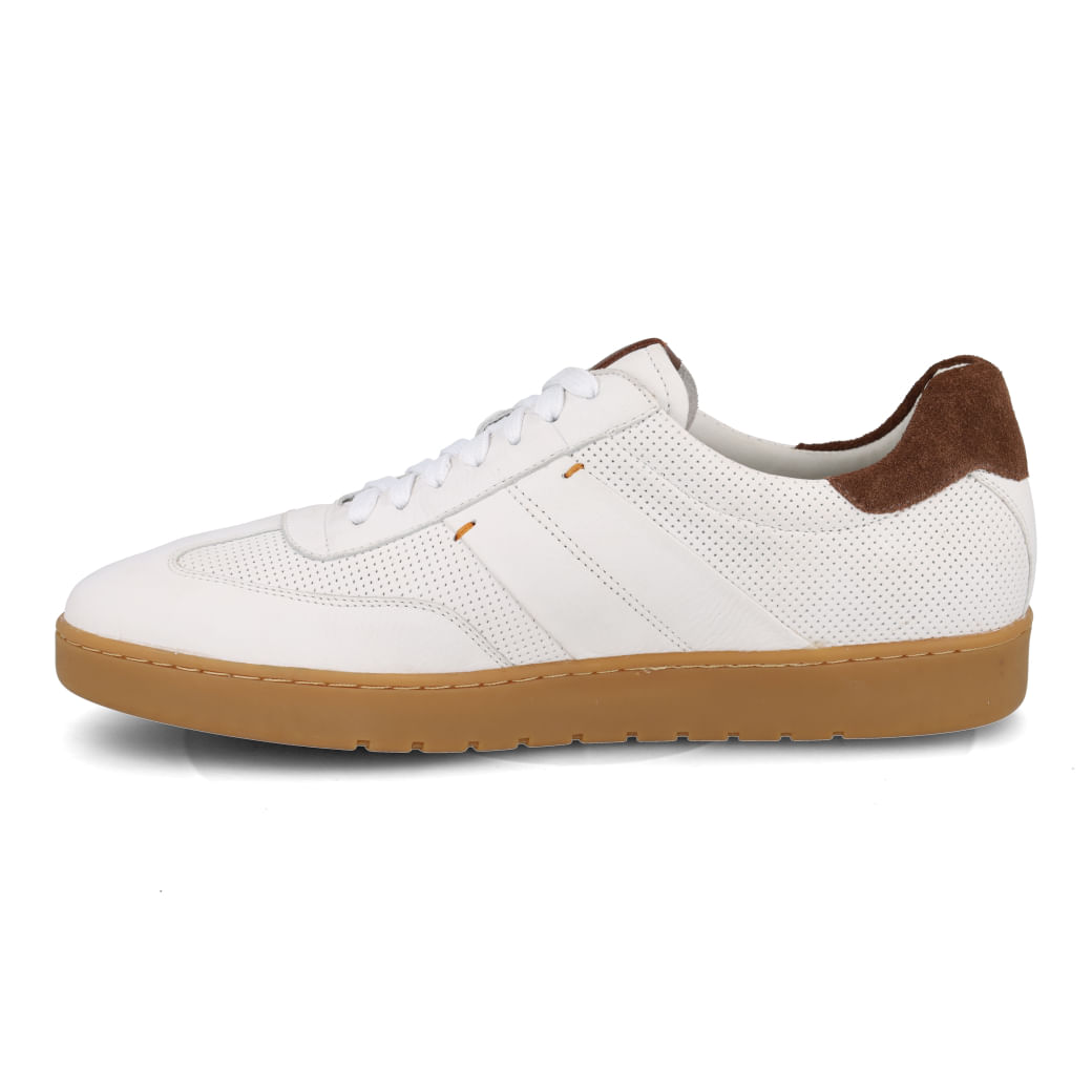 Tênis casual masculino Constantino Calçados couro branco com detalhes em marrom chocolate e trufa, vista lateral direita